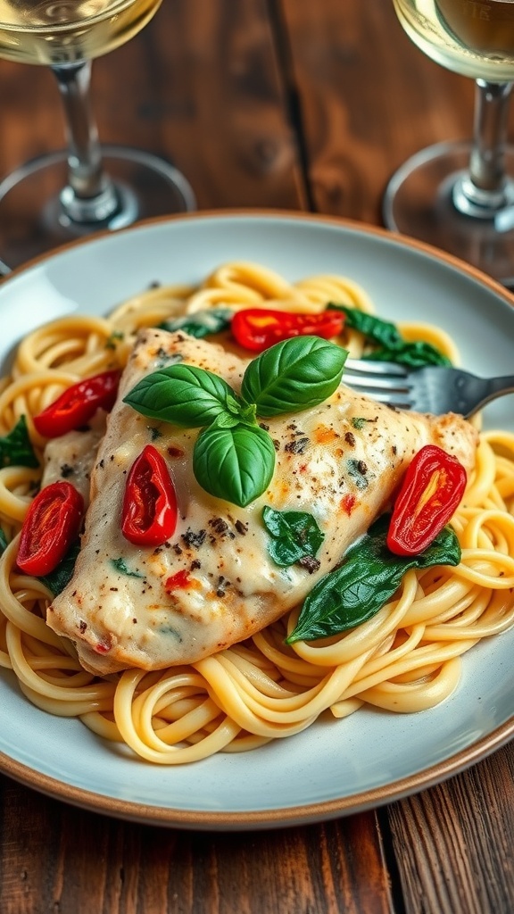 Creamy Tuscan chicken on pasta with sun-dried tomatoes and spinach, garnished with basil.